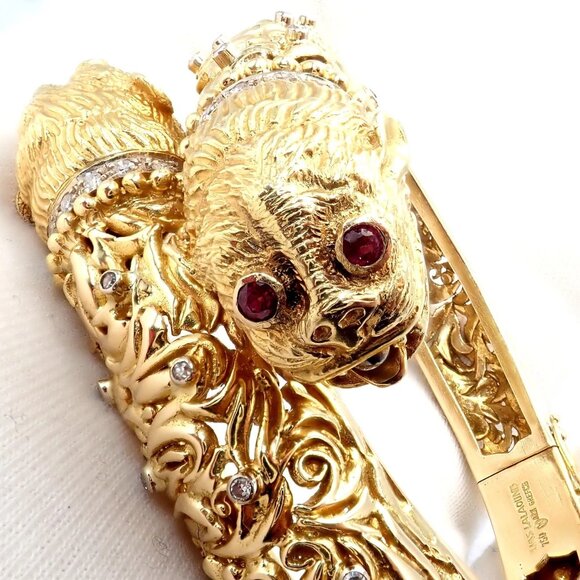 Rare Ilias Lalaounis 18k Yellow Gold Double Chimera Diamond Ruby Bangle Bracelet - Picture 11 of 16
